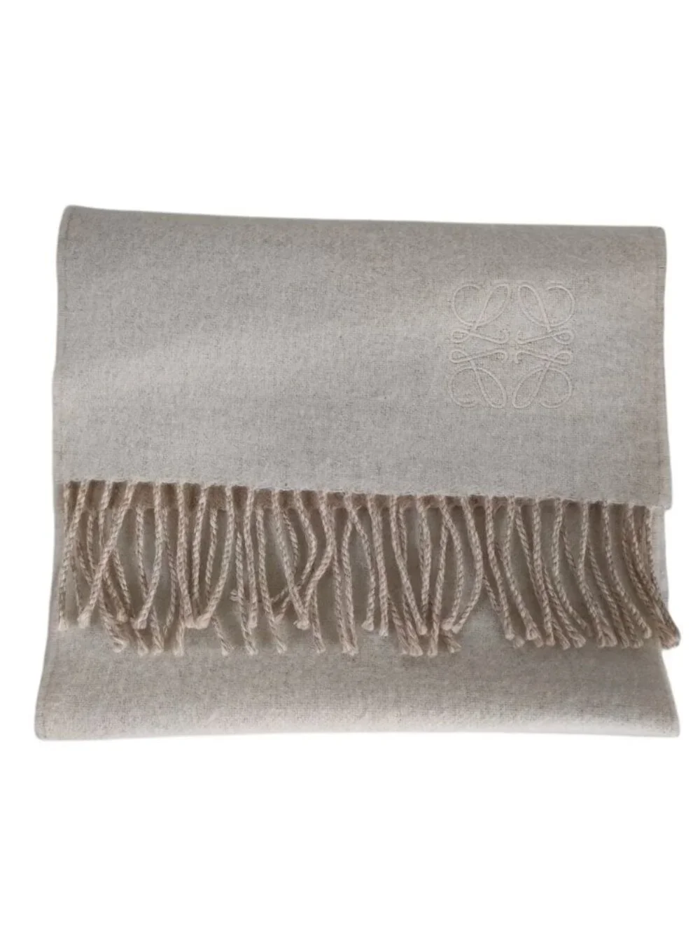 Loewe Anagram Embroidery Wool Cashmere Reversible Fringe Scarf Beige Ivory